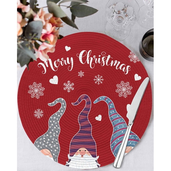 15 Inch Round Placemats Set of 6, Christmas Red Non Slip Heat Insulation PP Table Mats, Cute Gnomes Xmas Winter Snowflakes Washable Place Mats for Kitchen Dining Party Table Decor