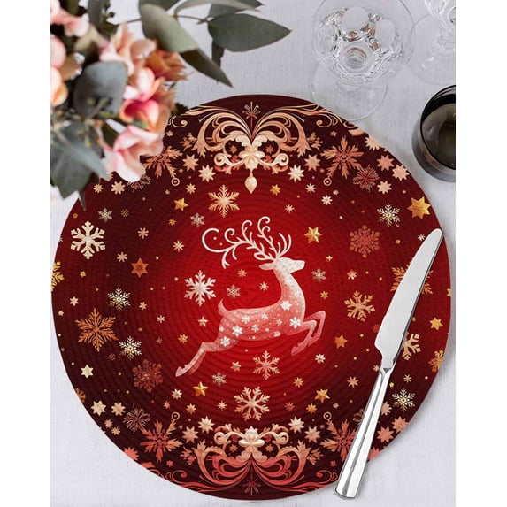 15 Inch Round Placemats Set of 6, Christmas Red Reindeer Non Slip Heat Insulation PP Table Mats, Snowflakes Winter Xmas Holiday Washable Place Mats for Kitchen Dining Party Table Decor