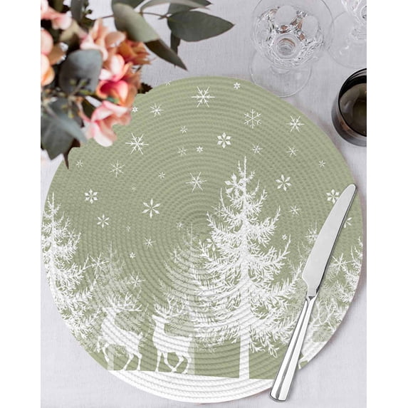 15 Inch Round Placemats Set of 6, Christmas Sage Green Non Slip Heat Insulation PP Table Mats, White Xmas Tree Elk Winter Snowflake Washable Place Mats for Kitchen Dining Party Table Decor