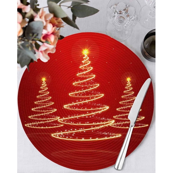 15 Inch Round Placemats Set of 6, Christmas Shinny Tree Non Slip Heat Insulation PP Table Mats, Xmas Light Stars Abstract Red Washable Place Mats for Kitchen Dining Party Table Decor