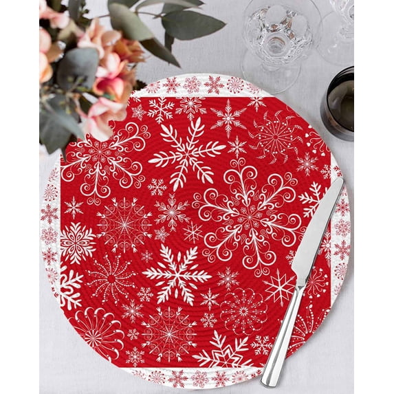 15 Inch Round Placemats Set of 6, Christmas Snowflakes Non Slip Heat Insulation PP Table Mats, Red Xmas Winter Vintage Washable Place Mats for Kitchen Dining Party Table Decor