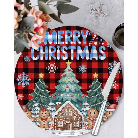 15 Inch Round Placemats Set of 6, Christmas Snowflakes Non Slip Heat Insulation PP Table Mats, Winter Gingerbread Man Xmas Tree Plaid Washable Place Mats for Kitchen Dining Party Table Decor