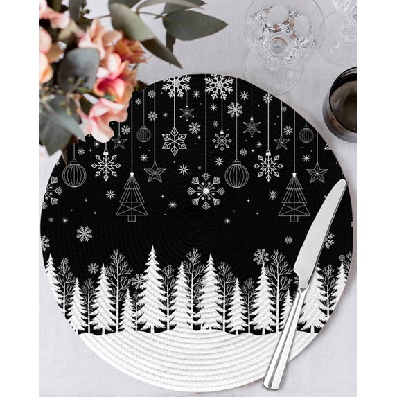 15 Inch Round Placemats Set of 6, Christmas Snowflakes Non Slip Heat Insulation PP Table Mats, Xmas Balls Winter Pine Tree Black Washable Place Mats for Kitchen Dining Party Table Decor