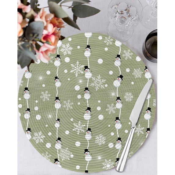 15 Inch Round Placemats Set of 6, Christmas Snowman Green Non Slip Heat Insulation PP Table Mats, Winter Snowflakes Xmas Retro Washable Place Mats for Kitchen Dining Party Table Decor