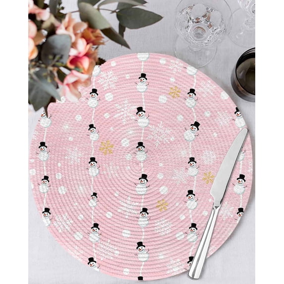 15 Inch Round Placemats Set of 6, Christmas Snowman Pink Non Slip Heat Insulation PP Table Mats, Winter Snowflakes Xmas Retro Washable Place Mats for Kitchen Dining Party Table Decor