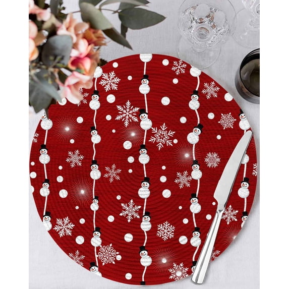 15 Inch Round Placemats Set of 6, Christmas Snowman Red Non Slip Heat Insulation PP Table Mats, Winter Snowflakes Xmas Retro Washable Place Mats for Kitchen Dining Party Table Decor