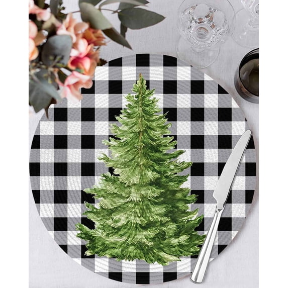 15 Inch Round Placemats Set of 6, Christmas Tree Non Slip Heat Insulation PP Table Mats, White Black Plaid Farmhouse Xmas Holiday Washable Place Mats for Kitchen Dining Party Table Decor