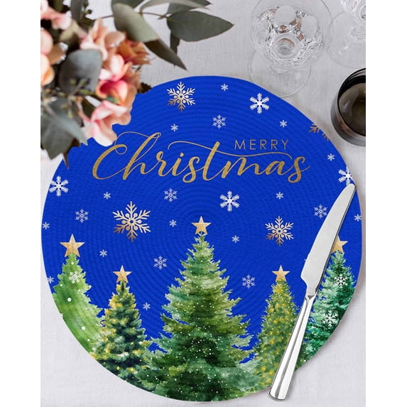 15 Inch Round Placemats Set of 6, Christmas Tree Non Slip Heat Insulation PP Table Mats, Winter Snowflakes Xmas Pine Tree Blue Washable Place Mats for Kitchen Dining Party Table Decor