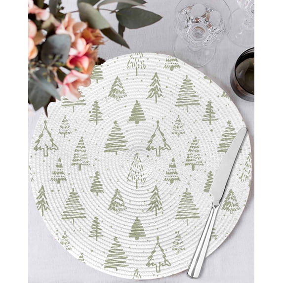 15 Inch Round Placemats Set of 6, Christmas Tree Non Slip Heat Insulation PP Table Mats, Xmas Green Cartoon Tree Snowflakes Winter Holiday Washable Place Mats for Kitchen Dining Party Table Decor