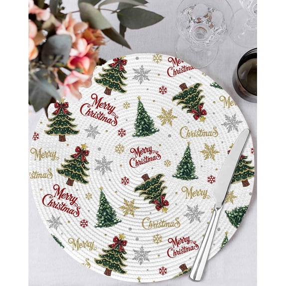 15 Inch Round Placemats Set of 6, Christmas Tree Non Slip Heat Insulation PP Table Mats, Xmas Snowflake Tree Green Washable Place Mats for Kitchen Dining Party Table Decor