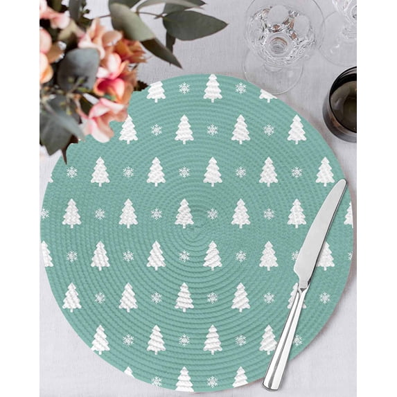 15 Inch Round Placemats Set of 6, Christmas Trees Non Slip Heat Insulation PP Table Mats, Xmas Snowflakes Winter Pine Tree Green Washable Place Mats for Kitchen Dining Party Table Decor