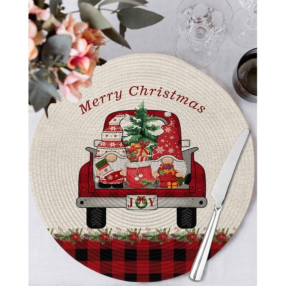 15 Inch Round Placemats Set of 6, Christmas Truck Gnomes Non Slip Heat Insulation PP Table Mats, Red Black Plaid Xmas Tree Burlap Washable Place Mats for Kitchen Dining Party Table Decor