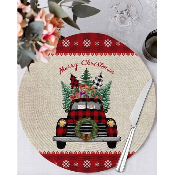 15 Inch Round Placemats Set of 6, Christmas Truck Non Slip Heat Insulation PP Table Mats, Winter Pine Tree Xmas Snowflake Plaid on Linen Washable Place Mats for Kitchen Dining Party Table Decor