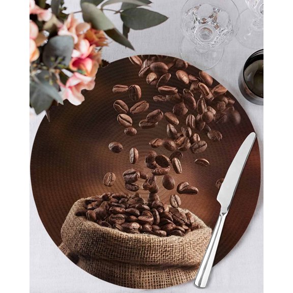 15 Inch Round Placemats Set of 6, Coffee Beans Non Slip Heat Insulation PP Table Mats, Dark Brown Falling Cafe Bean Sacks Modern Washable Place Mats for Kitchen Dining Party Table Decor