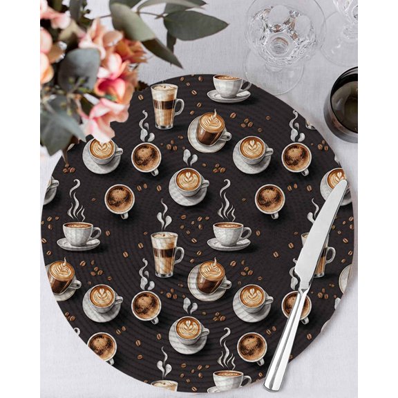 15 Inch Round Placemats Set of 6, Coffee Non Slip Heat Insulation PP Table Mats, Hot Cafe Cup Beans Modern Retro Black Washable Place Mats for Kitchen Dining Party Table Decor