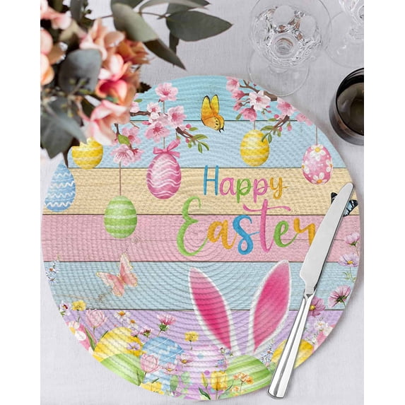 15 Inch Round Placemats Set of 6, Colorful Easter Non Slip Heat Insulation PP Table Mats, Spring Watercolor Bunny Egg Flower Wood Grain Washable Place Mats for Kitchen Dining Party Table Decor
