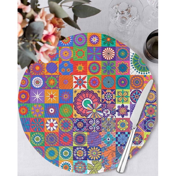 15 Inch Round Placemats Set of 6, Colorful Ethnic Non Slip Heat Insulation PP Table Mats, Modern Abstract National Geometric Purple Washable Place Mats for Kitchen Dining Party Table Decor