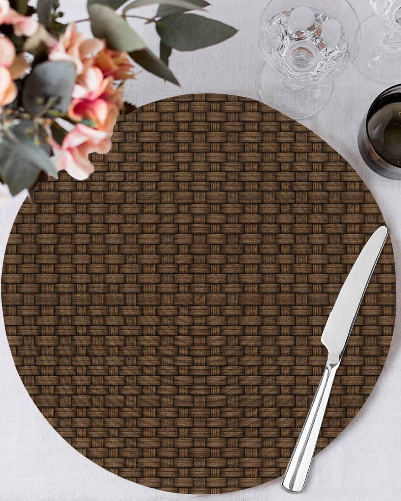 15 Inch Round Placemats Set of 6, Dark Brown Rattan Non Slip Heat Insulation PP Table Mats, Vintage Abstract Wicker Texture Washable Place Mats for Kitchen Dining Party Table Decor