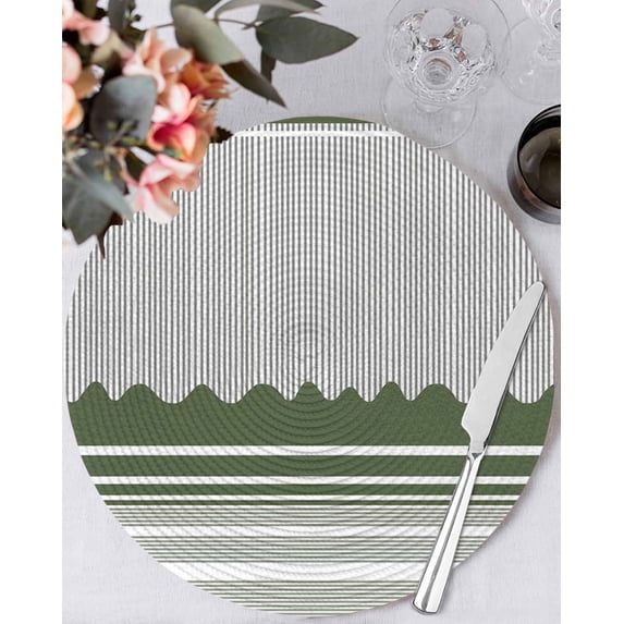 15 Inch Round Placemats Set of 6, Dark Green Striped Non Slip Heat Insulation PP Table Mats, Abstract Modern Geometric Stripes Washable Place Mats for Kitchen Dining Party Table Decor
