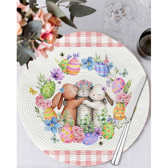 15 Inch Round Placemats Set of 6, Easter Bunny Non Slip Heat Insulation PP Table Mats, Colorful Eggs Cute Rabbits Flowers Pink Plaid Washable Place Mats for Kitchen Dining Party Table Decor