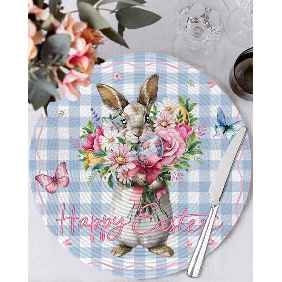 15 Inch Round Placemats Set of 6, Easter Bunny Non Slip Heat Insulation PP Table Mats, Cute Rabbits Spring Daisy Flowers Blue Plaid Washable Place Mats for Kitchen Dining Party Table Decor