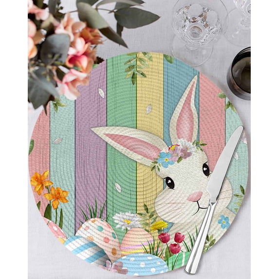 15 Inch Round Placemats Set of 6, Easter Bunny Non Slip Heat Insulation PP Table Mats, Farmhouse Colorful Eggs Tulip Wooden Grain Washable Place Mats for Kitchen Dining Party Table Decor