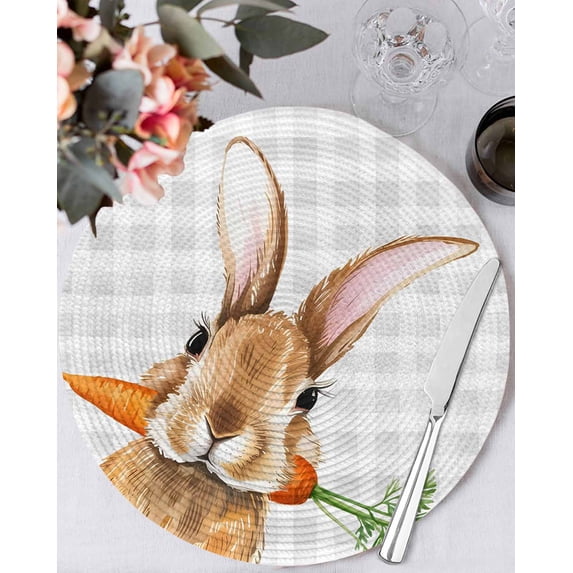 15 Inch Round Placemats Set of 6, Easter Bunny Non Slip Heat Insulation PP Table Mats, Spring Rabbits Carrots Gray Buffalo Plaid Washable Place Mats for Kitchen Dining Party Table Decor