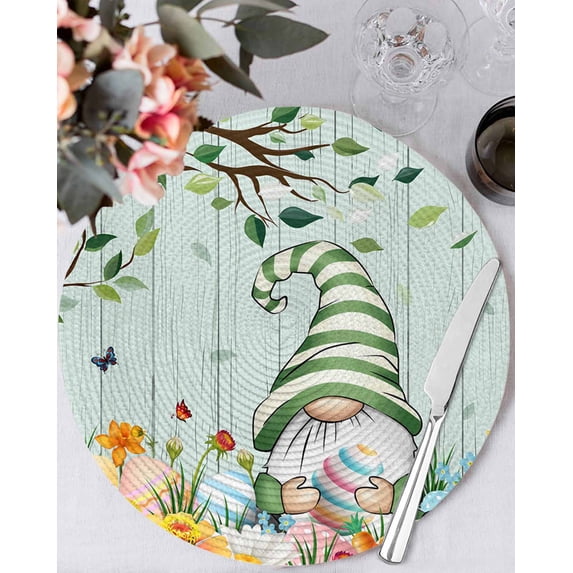 15 Inch Round Placemats Set of 6, Easter Gnomes Non Slip Heat Insulation PP Table Mats, Spring Watercolor Eggs Flower Wood Grain Teal Washable Place Mats for Kitchen Dining Party Table Decor