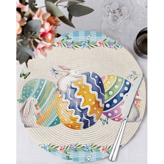 15 Inch Round Placemats Set of 6, Easter Non Slip Heat Insulation PP Table Mats, Colorful Eggs Rabbit Flowers Leaves Blue Plaid Washable Place Mats for Kitchen Dining Party Table Decor