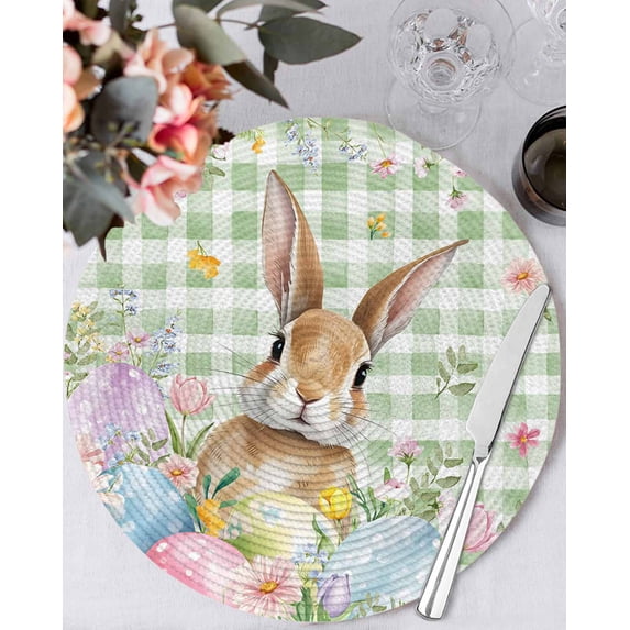 15 Inch Round Placemats Set of 6, Easter Non Slip Heat Insulation PP Table Mats, Spring Bunny Colorful Eggs Floral Leaves Grey Plaid Washable Place Mats for Kitchen Dining Party Table Decor