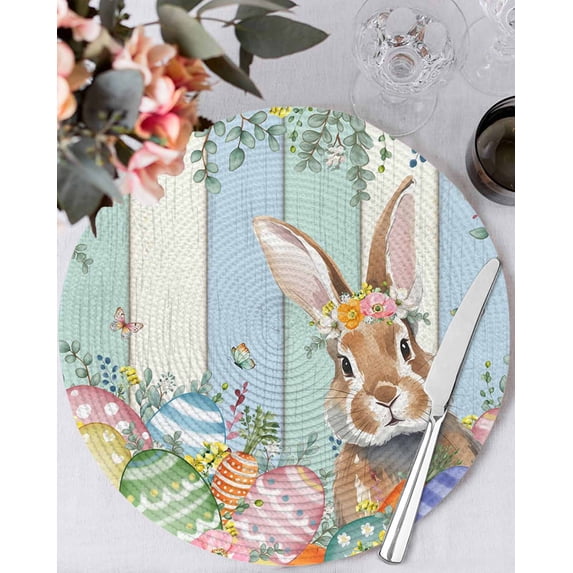 15 Inch Round Placemats Set of 6, Easter Non Slip Heat Insulation PP Table Mats, Spring Bunny Colorful Floral Eggs Wooden Plank Washable Place Mats for Kitchen Dining Party Table Decor