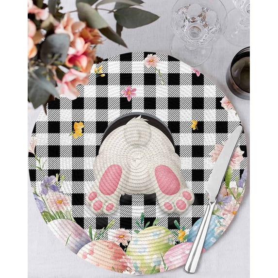 15 Inch Round Placemats Set of 6, Easter Non Slip Heat Insulation PP Table Mats, Spring Bunny Feet Flowers Eggs Black Buffalo Plaid Washable Place Mats for Kitchen Dining Party Table Decor