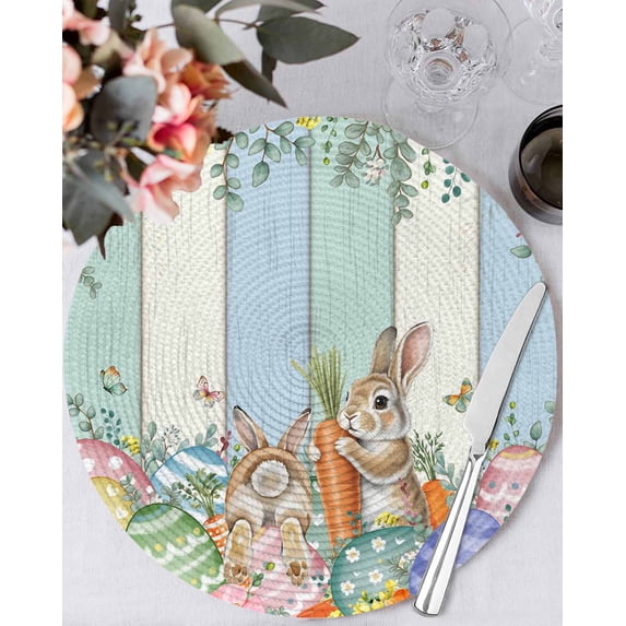 15 Inch Round Placemats Set of 6, Easter Non Slip Heat Insulation PP Table Mats, Spring Rabbit Eucalyptus Leaves Eggs Wooden Washable Place Mats for Kitchen Dining Party Table Decor