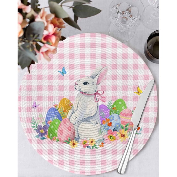 15 Inch Round Placemats Set of 6, Easter Non Slip Heat Insulation PP Table Mats, Spring Watercolor Bunny Eggs Butterflies Pink Plaid Washable Place Mats for Kitchen Dining Party Table Decor