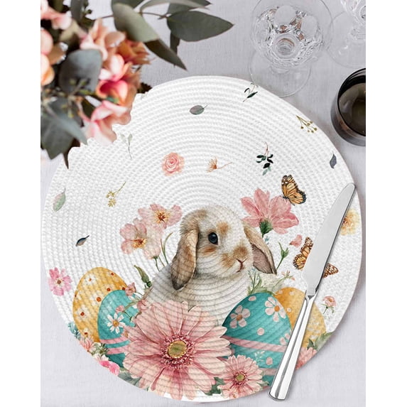 15 Inch Round Placemats Set of 6, Easter Rabbit Eggs Non Slip Heat Insulation PP Table Mats, Spring Pink Daisy Flowers Butterfly Pastoral Washable Place Mats for Kitchen Dining Party Table Decor