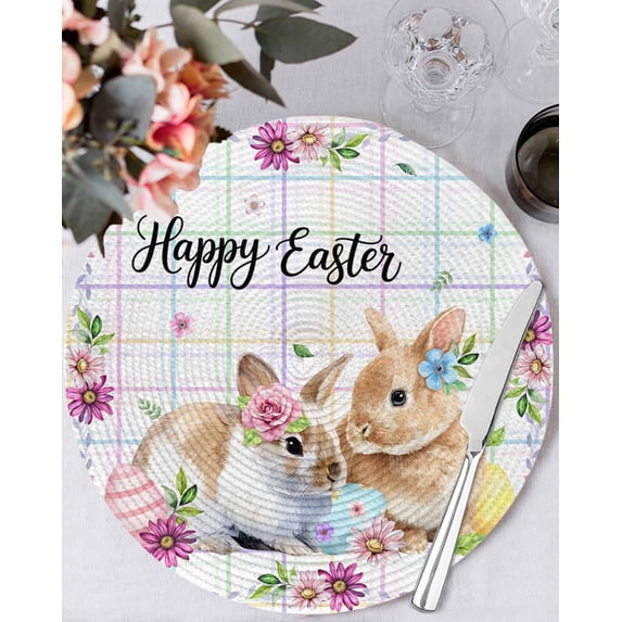 15 Inch Round Placemats Set of 6, Easter Rabbits Non Slip Heat Insulation PP Table Mats, Cute Bunny Faisy Leaf Eggs Spring Colorful Plaid Washable Place Mats for Kitchen Dining Party Table Decor