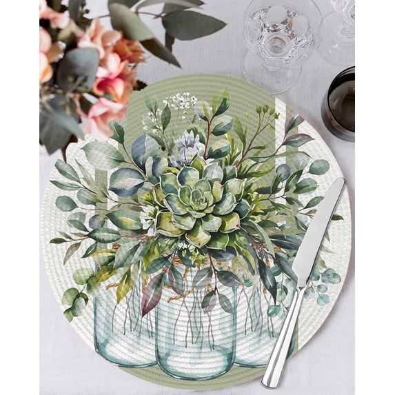 15 Inch Round Placemats Set of 6, Eucalyptus Green Non Slip Heat Insulation PP Table Mats, Vintage Bottle Succulents Stripes Washable Place Mats for Kitchen Dining Party Table Decor