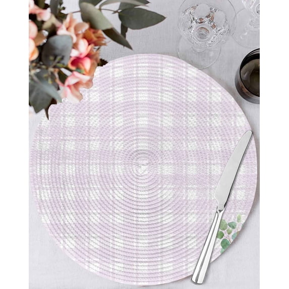 15 Inch Round Placemats Set of 6, Eucalyptus Leaves Non Slip Heat Insulation PP Table Mats, Pink Plaid Summer Botanical Washable Place Mats for Kitchen Dining Party Table Decor