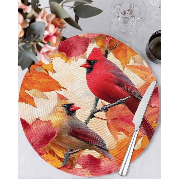 15 Inch Round Placemats Set of 6, Fall Cardinal Non Slip Heat Insulation PP Table Mats, Thanksgiving Red Bird on Maple Leaf Washable Place Mats for Kitchen Dining Party Table Decor
