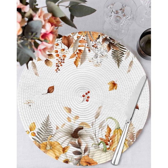 15 Inch Round Placemats Set of 6, Fall Grey Orange Non Slip Heat Insulation PP Table Mats, Thanksgiving Pumpkins Brown Maple Leaf Washable Place Mats for Kitchen Dining Party Table Decor