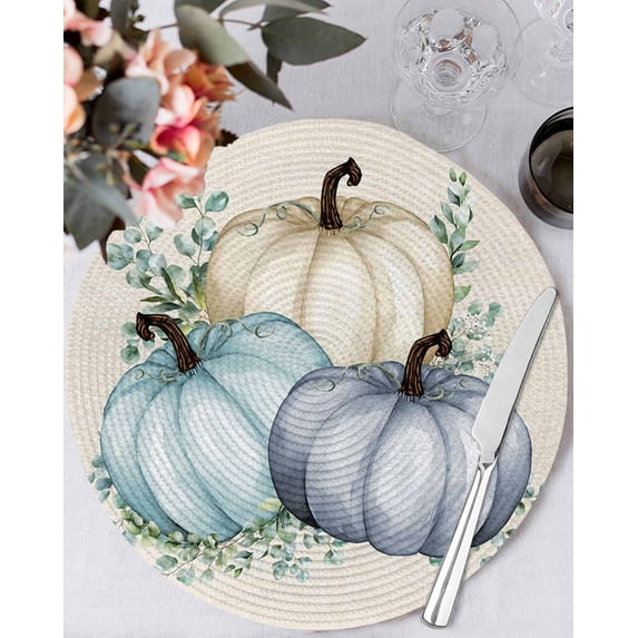 15 Inch Round Placemats Set of 6, Fall Non Slip Heat Insulation PP Table Mats, Blue Pumpkins Thanksgiving Rustic Eucalyptus Leaf Washable Place Mats for Kitchen Dining Party Table Decor