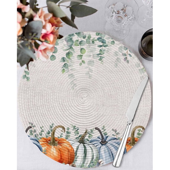 15 Inch Round Placemats Set of 6, Fall Non Slip Heat Insulation PP Table Mats, Orange Blue Pumpkins Thanksgiving Green Eucalyptus Leaf Washable Place Mats for Kitchen Dining Party Table Decor
