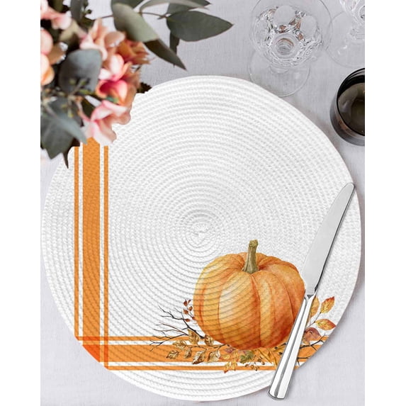 15 Inch Round Placemats Set of 6, Fall Non Slip Heat Insulation PP Table Mats, Orange Pumpkin Thanksgiving Autumn Stripe Leaf Washable Place Mats for Kitchen Dining Party Table Decor