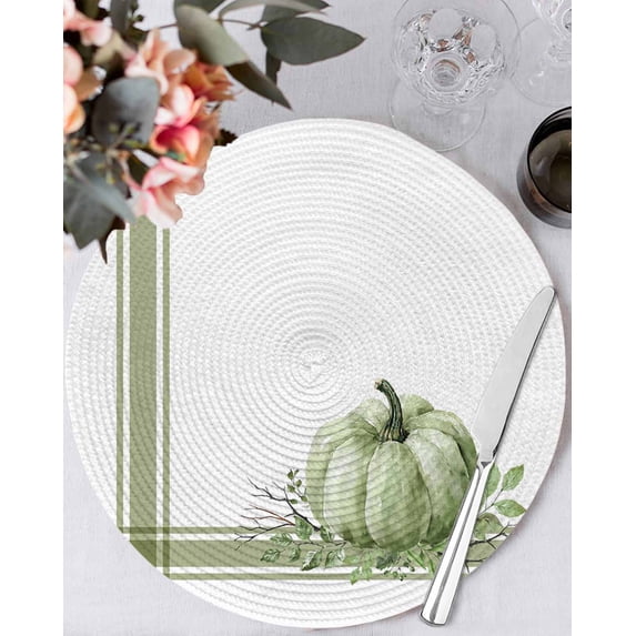 15 Inch Round Placemats Set of 6, Fall Non Slip Heat Insulation PP Table Mats, Sage Green Pumpkin Thanksgiving Stripe Leaf Washable Place Mats for Kitchen Dining Party Table Decor