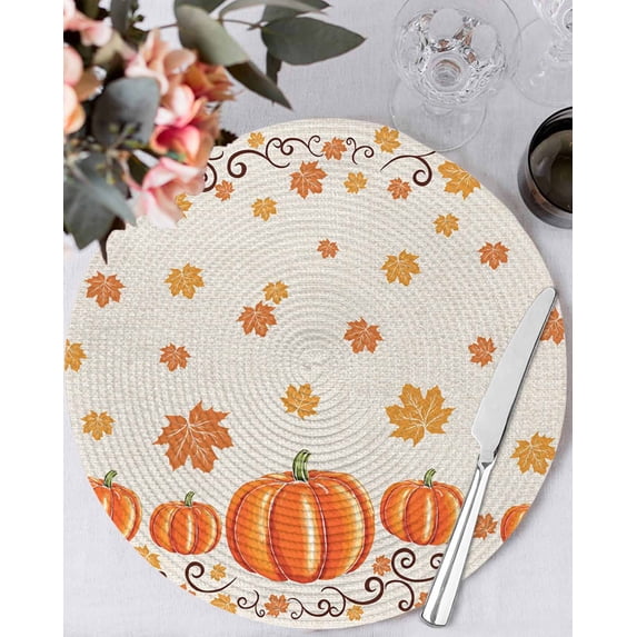 15 Inch Round Placemats Set of 6, Fall Orange Non Slip Heat Insulation PP Table Mats, Thanksgiving Autumn Watercolor Pumpkin Washable Place Mats for Kitchen Dining Party Table Decor