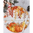 thumbnail image 1 of 15 Inch Round Placemats Set of 6, Fall Pumpkin Non Slip Heat Insulation PP Table Mats, Orange Red Thanksgiving White Wood Grain Washable Place Mats for Kitchen Dining Party Table Decor, 1 of 7
