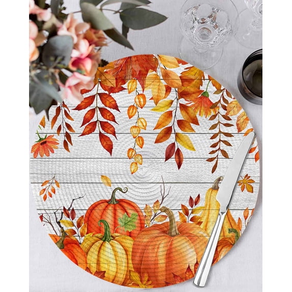 15 Inch Round Placemats Set of 6, Fall Pumpkin Non Slip Heat Insulation PP Table Mats, Orange Red Thanksgiving White Wood Grain Washable Place Mats for Kitchen Dining Party Table Decor