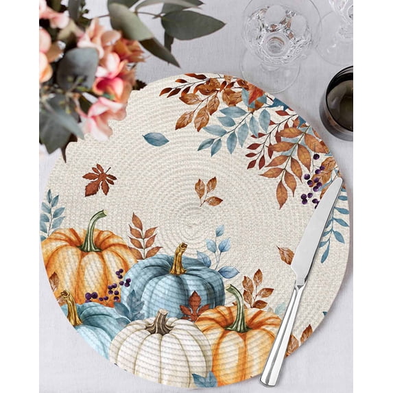 15 Inch Round Placemats Set of 6, Fall Pumpkins Orange Blue Non Slip Heat Insulation PP Table Mats, Thanksgiving Botanical Rustic Washable Place Mats for Kitchen Dining Party Table Decor