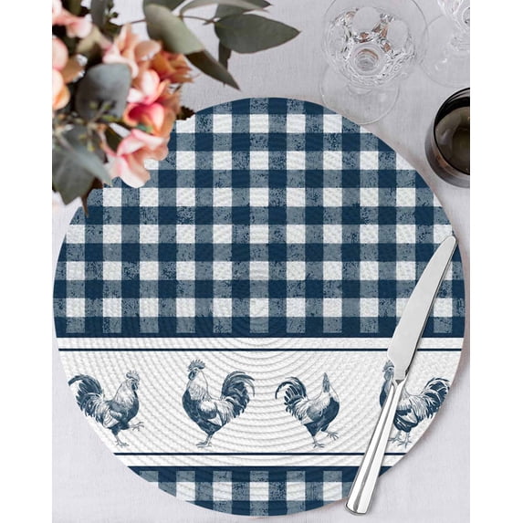 15 Inch Round Placemats Set of 6, Farmhouse Blue Plaid Non Slip Heat Insulation PP Table Mats, Vintage Country Cock Checkered Washable Place Mats for Kitchen Dining Party Table Decor