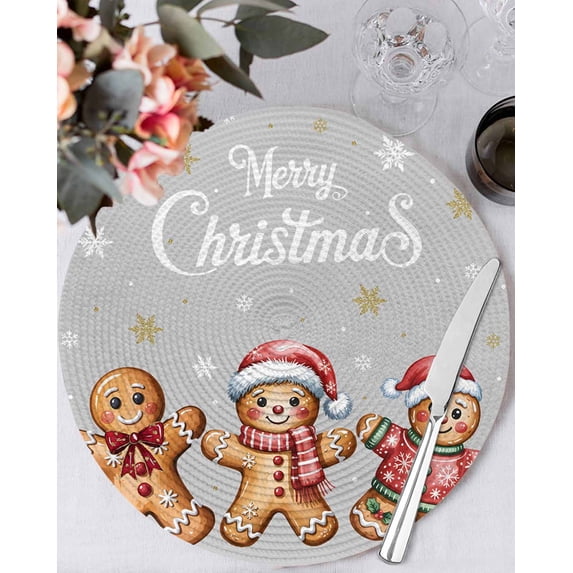 15 Inch Round Placemats Set of 6, Gingerbread Grey Non Slip Heat Insulation PP Table Mats, Christmas Winter Snowflake Washable Place Mats for Kitchen Dining Party Table Decor